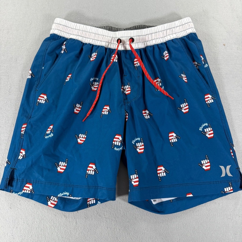 Hurley Mens Blue Shaka Flag Print Board Shorts Swim Trunks Small 1416-1022